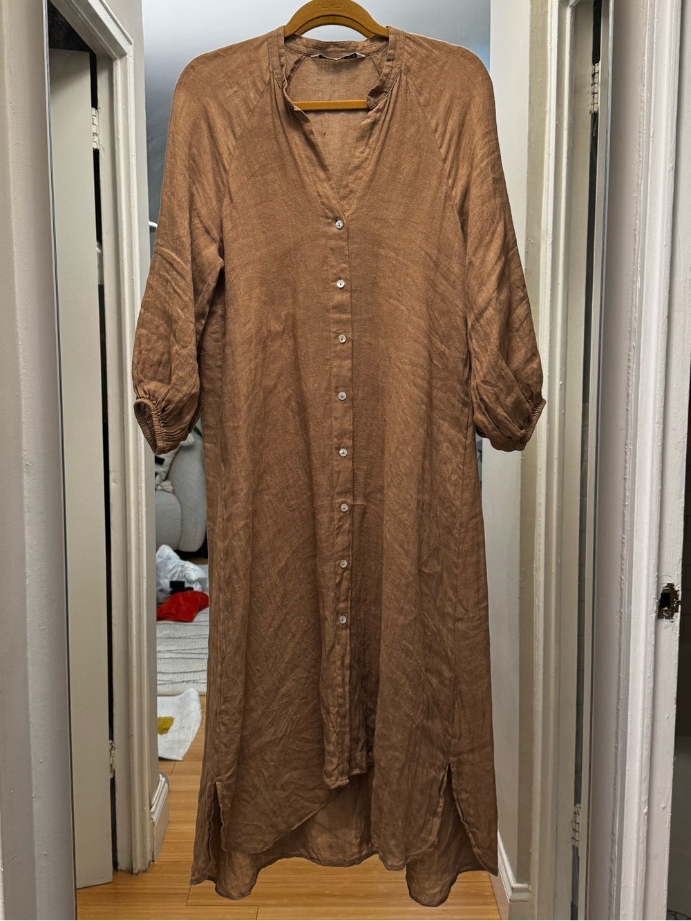 ZARA Tan 100% Linen Midi Shirt Dress - Picture 6 of 12